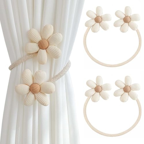 2 Pezzi Fermatende per Tenda Fermatenda per Tende da Finestra Regolabile Fermatende a Forma di Fiore per Casa, Esterni, Camera da Letto, Ufficio, Tende Decorative (Beige)