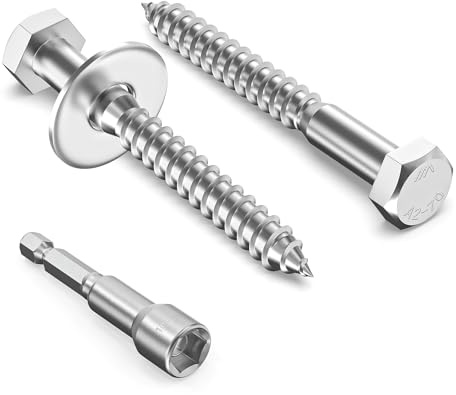 Valorada 20Pcs M6 x 50mm Coach Screws, Hex Head Wood Screws, Heavy Duty Lag Bolts, Concrete Screw, Hex Furniture Bolt, 304 Stainless Steel with Washers and Magnetic Hexagon Socket