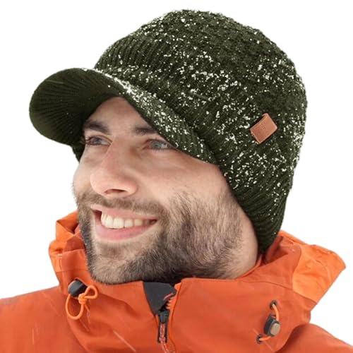 TOP-EX DryKnit™ Merino Wool Waterproof Peaked Beanie Hat Men Fleece Lined Thermal Wooly Winter Caps Cold Weather Big Head Extra Large Green XL/XXL