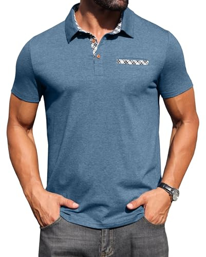 Hisir pikétröja, herr, kortärmad, bomull, stretch, pikétröja, skjorta med rutig krage och bröstfickdetalj, sommar, avslappnad t-shirt för män, affärer, fritid och golf
