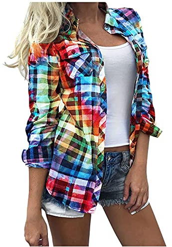 Women Western Long Sleeve Shirts Button Down Classic Plaid Spring Fall Dress Work Collared Blouses Vintage Checked Tops Lightweight Casual Cowgirl Flannel Shackets Teen Girls Clothes