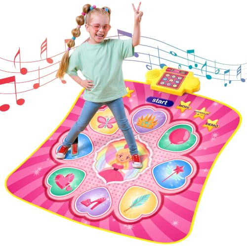 YESHIN Tapis de Danse Enfant 9 Touches avec Musique et Lumières LED, 3 Modes de Jeu, 8 Chansons & 7 Volumes, Grandes Touches Sensibles, Jeu Musical Interactif Cadeau Fille 3–12 Ans (Rose)