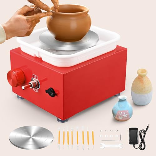 Mini Pottery Wheel, Ovshnrr 2 Plates Turntable 10/6.5cm Pottery Wheel, 2000RPM Adjustable Speed Electric Pottery Wheel with Shaping Tools for Pottery DIY, Pottery Teaching, Children and Beginner(Red)