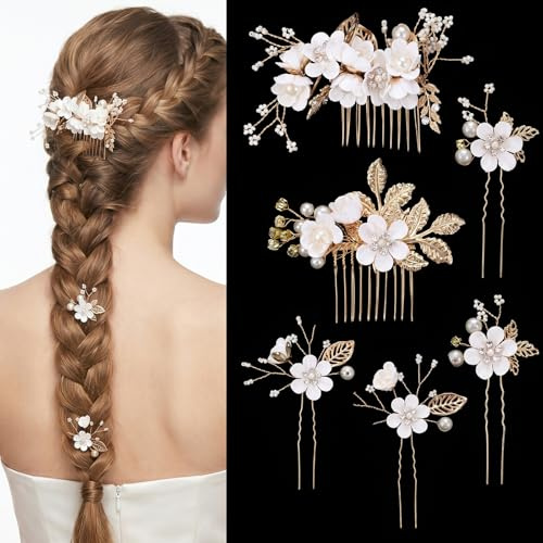 6Pcs Gold Leaf Bridal Hair Pins Rhinestone Pearl Flower Wedding Hair Pins Gold Hairs Accessories for Women