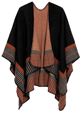 EXCHIC Femmes Chauds Ouverture Avant Châle Chaud Wraps Motif Floral Elegantes Poncho Tricot Cape Manteau (Noir-86)