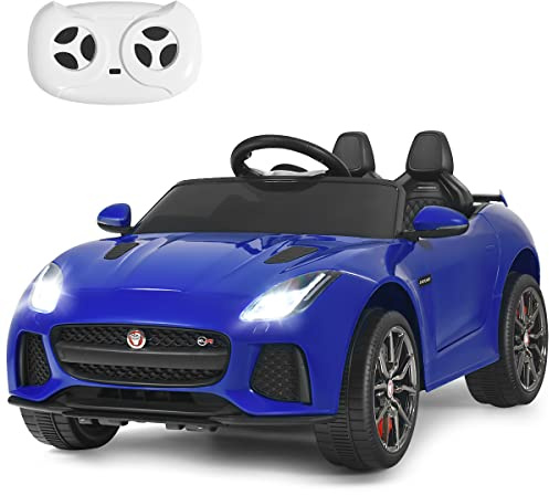 COSTWAY Jaguar Voiture Électrique 12V pour Enfants de 3-8 Ans, avec Télécommande 2.4G, Suspension à Ressorts, Roues Antichocs, 2 Portes Verrouillables, 107,5 x 66 x 50 cm (Bleu)