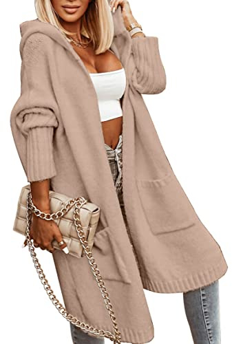 Aoysky Womens Long Cardigans Cable Knitted Open Front Oversized Hooded Outerwear Sweater Coat Apricot