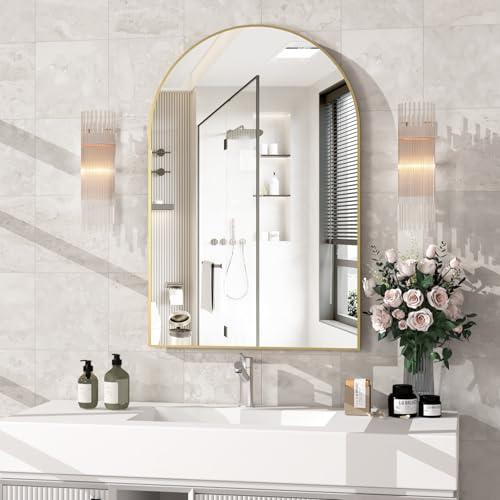 NEUWEABY Espejo montado en la Pared, Espejo de Pared arqueado para baño, Espejo de baño de Arco de 60x90cm Marco de Metal, decoración de Espejo Dorado Manto, Dormitorio, Entrada