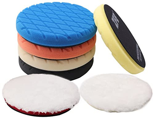 Buffing Polishing Pads, ZFE 7Pcs 6(150mm) Waffle Foam Buffing Pads Polishing Pads Wool Pad Kit for 6Inch Backing Plate RO/DA/GA Car Polisher Boat Compounding, Polishing and Waxing