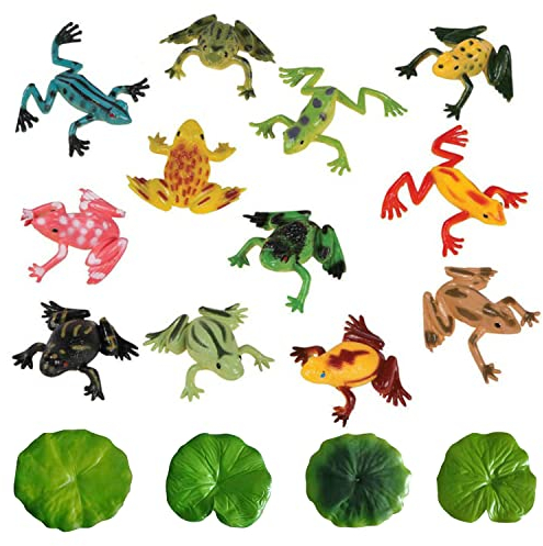 12Pcs Colorful Plastic Frog Models with Artificial Lotus Leaves, Tropical Simulation Frogs, Animal Recognition Toys for Children, Floating Decoration for Ponds, Artificial Micro Landscape Pools