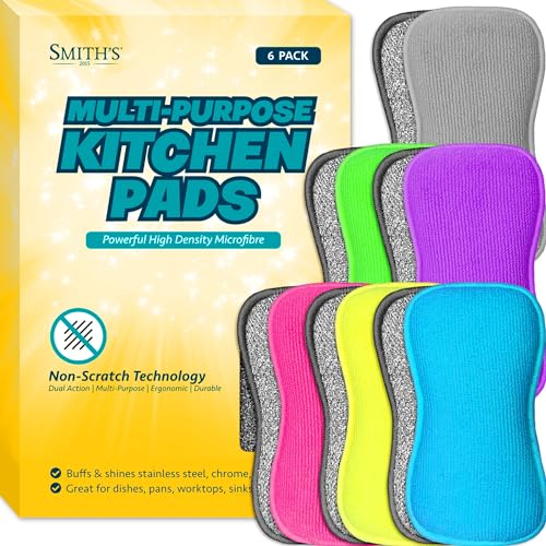 Multi-Purpose Kitchen Pads by Smith’s® | 6 Pack | Washing Up Dishes & Multi-Surface Scrub Sponges | Kitchen & Home | Non-Scratch | Durable | Chemical Free