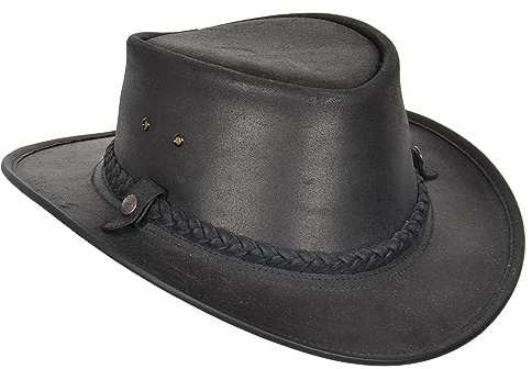 Original Australian Buschhut Echt Leder Cowboy Style Schwarz Braun, Schwarz , XL