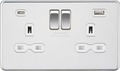 13A 2G SP Switched Socket with Dual USB A+C (5V DC 4.0A shared) - Polished Chrome with White Insert