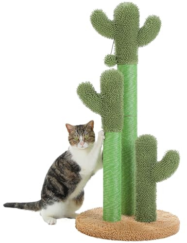 PAWZ Road Cat Scratching Post Cactus Cat Scratcher Featuring with 3 Scratching Poles and Interactive Dangling Ball - 35 Inches