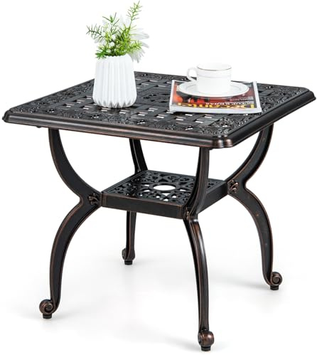 GOPLUS Sidobord, 53 cm trädgårdsbord av gjuten aluminium, balkongbord, väderbeständigt, bistrobord, soffbord, terrassbord, kvadrat, matbord, utomhus för balkong, trädgård, terrass