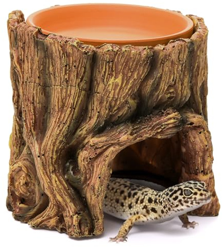 Cididu Reptile Hide Cave Resin, 2 in 1 Reptile Hideout Cave and Food Tray, Reptile Shelter with Detachable Food Bowl, Leopard Gecko Keeper Habitat Help Shedding for Amphibian, Snake, Lizard, Turtle