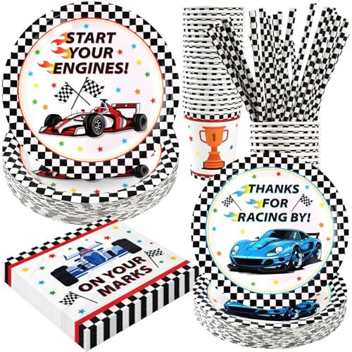 BOIKOKY Race 120 Pezzi Decorazioni per Feste di Compleanno a Tema Racing Car, Articoli per Feste a Tema Auto da Corsa, Stoviglie Monouso | Per 24