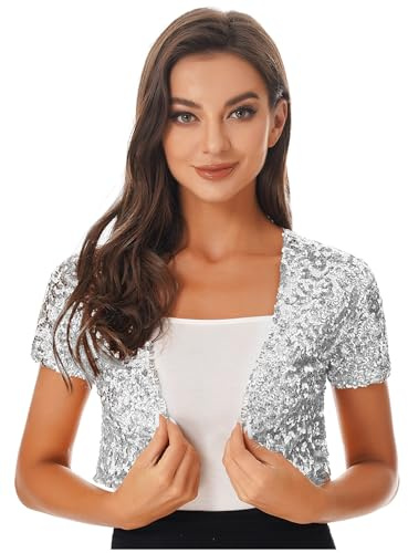 inlzdz Bolero Donna Paillettes Glitter Cardigan Elegante Giacca Manica Corta Aperto Fronte Crop Top Coprispalle per Sposa Matrimonio Nuziale Camicia da Notte Argento Taglia Unica