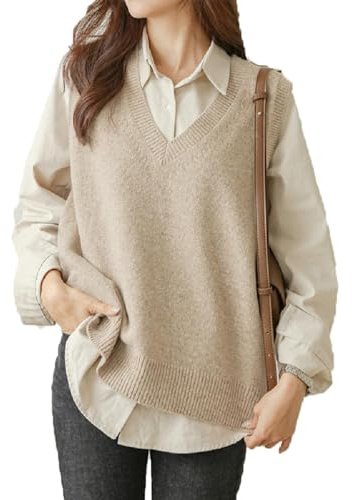 Pulls sans Manches Gilet Tricoté Veste Chaud Chandail Débardeur Tank Top Crop Sweater col V Oversize Pullover Tops Câble Tricots Décontracté Automne Hiver Filles Femmes Pull sans Manche Gilet Tank