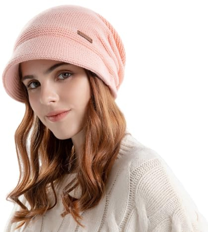 AYPOW Bonnet Hiver pour Femme, Doublé en Polaire avec Bord, Tricoté Chaud Protection des Oreilles Chapeau d'hiver à visière, Béret Chapeaux Thermique, Casquette Hiver Quotidien pour Femme, Beanie Caps