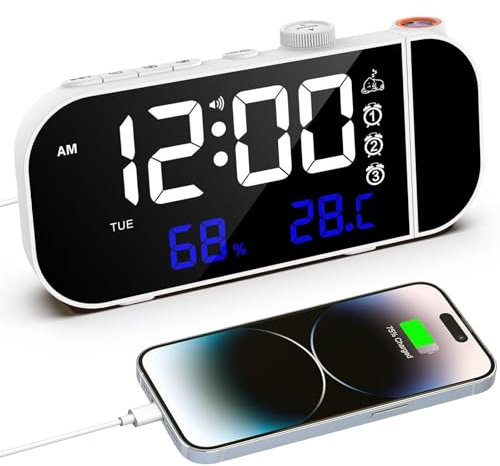 VORRINC Projektionswecker, 15-Zoll-Digitaler Radiowecker mit Große Zahlen/Doppelalarme/Snooze/Temperatur/Luftfeuchtigkeit/Helligkeits und Lautstärkeeinstellung, USB C Ladeanschluss - Weiß