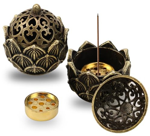 FSWWSF Räucherkerzen Halter Vintage Räucherstäbchenhalter Räucherstäbchen Halter Mini Räuchergefäß Lotus Weihrauchbrenner mit Deckel Metall Incense Holder für Heimdekoration, Teehaus, Yogastudio (L)