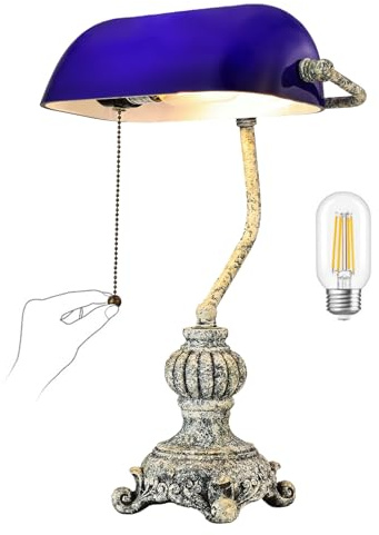 Newrays Retro Blue Glass Bankers Desk Lamp for Home Office,Library with Pull Chain Switch Plug in Fixture, LED Bulb Included