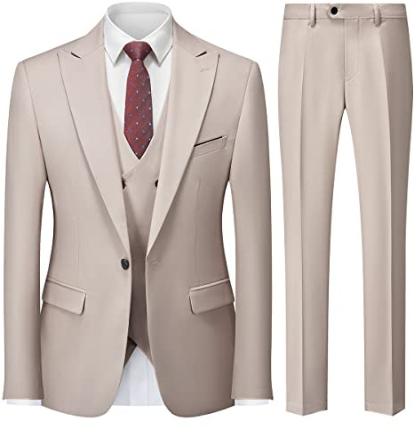 MODFUL - Traje de hombre de 3 piezas, corte slim fit, de un botón, para negocios, smoking, chaqueta de boda, chaleco y pantalones, beige, L