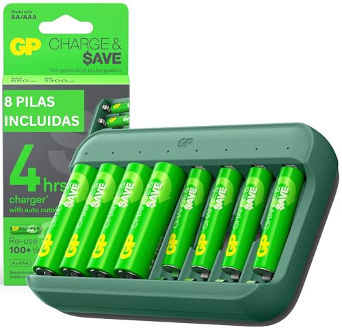 Caricatore USB a 8 Slot per Pile Ricaricabili AA e AAA NiMH | GP Charge & Save | Include 4 Batterie Ricaricabili AA 1300 mAh e 4 Batterie Ricaricabili AAA 650 mAh