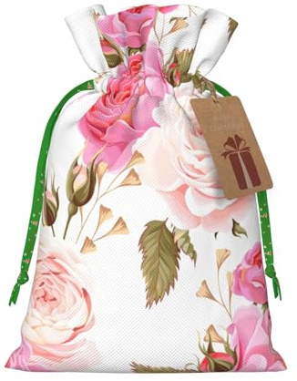 Bolsas de regalo de Navidad con estampado de flores rosas rosas y flores con cordón, saco festivo de Navidad, fiesta de cumpleaños, embalaje de regalo