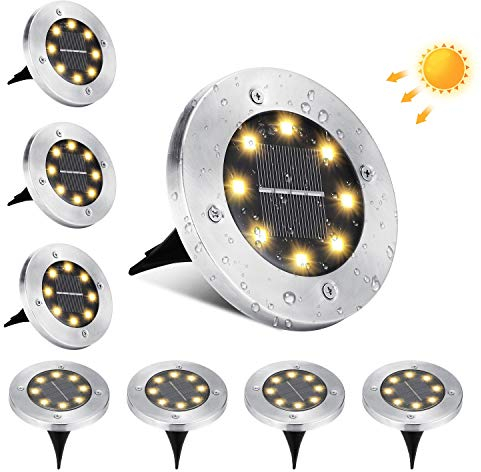 BrizLabs Luces de Tierra Solares, 8 LED Lamparas Solares Jardin Exterior Blanco Cálido Impermeable Inoxidable Luz de Suelo Solar Decoración para Calzada Camino Césped Escalón Patio, 8 Piezas