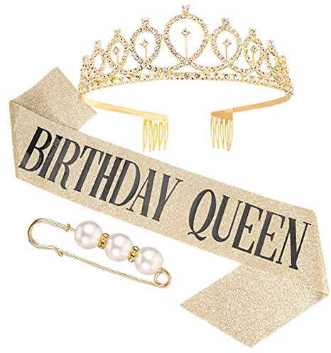 KroY PecoeD Couronne Anniversaire Echarpe, Doré Birthday Queen Echarpe Reine Diadème de Princesse en Strass Broche Perle Femme Fille Costume d'anniversaire Accessoires Decoration Cadeau