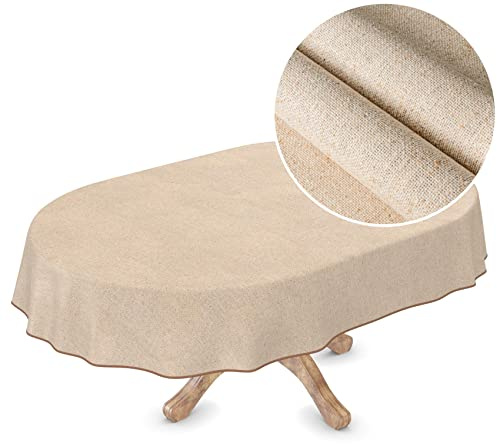 Mantel de Hule Textil Lavable, Aspecto de Lino, Color Beis, sostenible, Ovalado, 180 x 140 cm