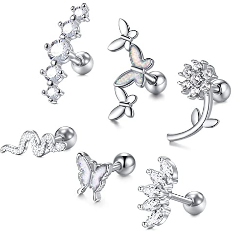 Longita Tragus örhängen stift rostfritt stål 16 g fjäril orm helix piercing smycken för kvinnor snäcka örhänge stång 6 mm, Metall, rostfritt stål