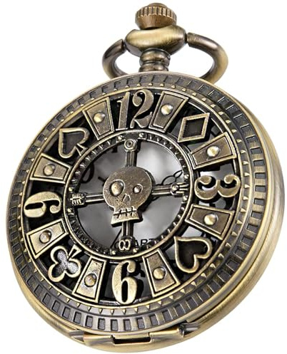 Tiong Vintage Hollow Pocket Watch with Necklace Chain Alloy Quartz Skull Arabic Numerals Men Pocket Watches Vintage Pendant