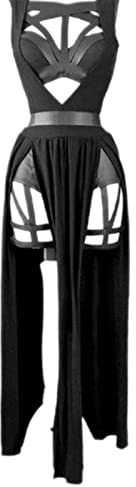 MENGQING Ensemble de jupe rétro gothique club sexy pour femme, été, sans manches, corset noir, top court bandeau, sous-vêtements en maille, jupe fendue à 3 pièces - Noir, M