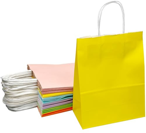 30 Pack Coloured Kraft Paper Bags with Handles, Gift Bags in 6 Assorted Colours, Party Favour, Shopping and Retail Bags for Birthdays, Weddings and Events, 21 x 11 x 27 cm