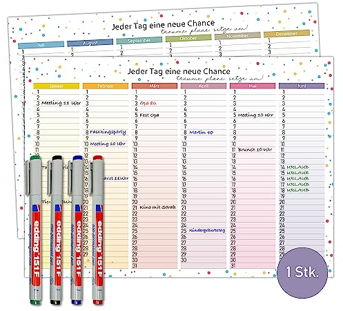 TOBJA Immerwährender DIN A4 Tafelkalender - Abwischbar, wiederbeschreibbar inkl. 4 Stifte | Geburtstagskalender Jahresunabhängig beidseitig bedruckt | Bunte Dots Design (+4 Markenstifte bunt)