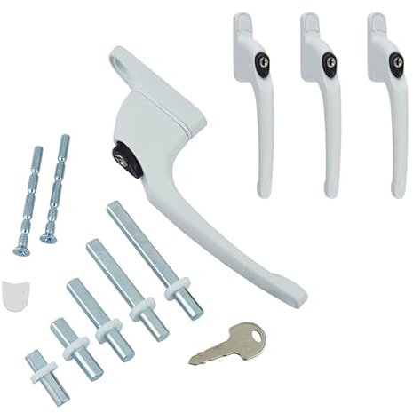 FixRello Universal Inline uPVC Window Handle – Lockable, Ambidextrous, Multi-Spindle – White with Black Button (4 Pack)