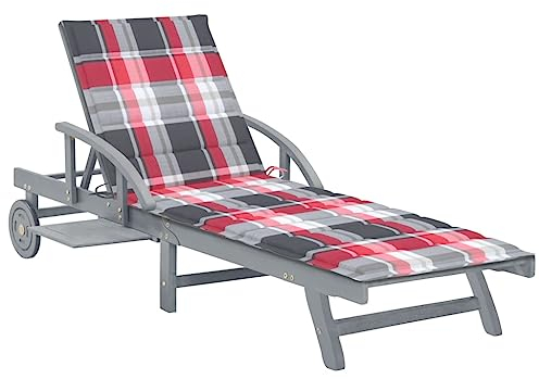 PABURNI Gartenliege mit Kissen, Strandstühle, leicht, Strandsitz, Camping, Poolseite, Schaukellehne, ergonomisches Design, rote Karos, 200 x 68 x 30/86 cm