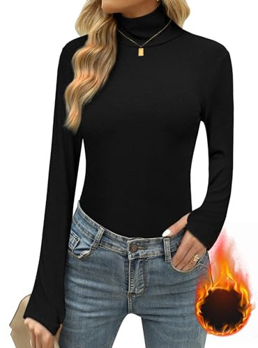 Terecey Damen Rollkragenshirt Warm Baumwolle Langarmshirt mit Daumenloch - Thermo Elegant Rollkragenpullover Einfarbiges Langarm Unterziehrolli fur Herbst und Winter, Schwarz XXL