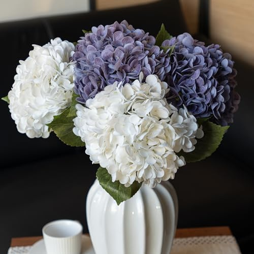 DUYONE, 4 stycken konstgjorda hortensior, 56 cm, 2 st vita och 2 ljusgrön, verklighetstrogen beröring, torkade blommor, utomhus, bröllop, jul, kontor, familjefest, vardagsrum, bordsdekoration