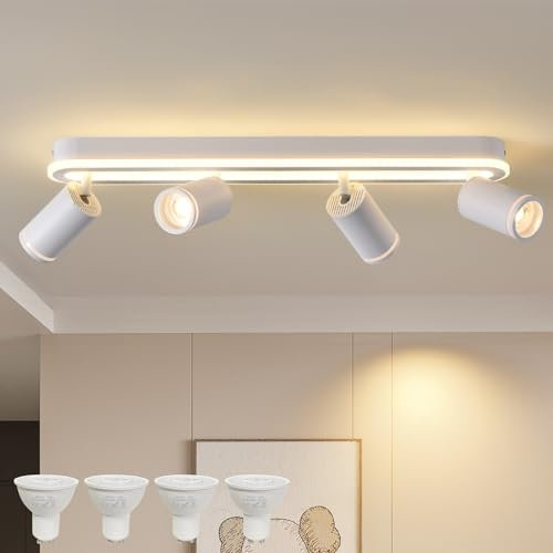 LED Deckenstrahler 4 Flammig Schwenkbar 350°,Deckenstrahler mit unteres Glühen 36W+4x5W GU10 Spots,3000K Warmweiß Deckenspot strahler,Modern Deckenlampe Lampe,Spotleuchte für Küche,Wohnzimmer Weiß