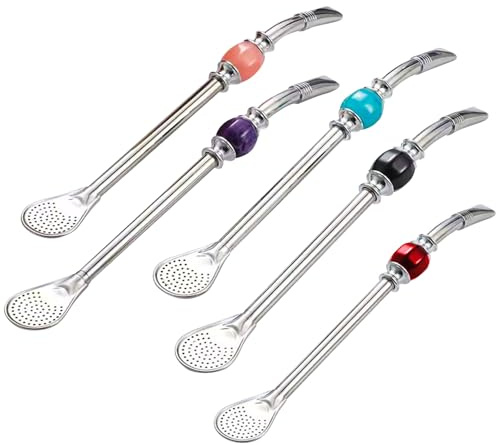 Stainless Steel Drinking Straws with Colorful Beads, Yerba mate strawDetachable Filter Spoon Head, 304 Food Grade Metal Straws for Coffee and Tea (red)