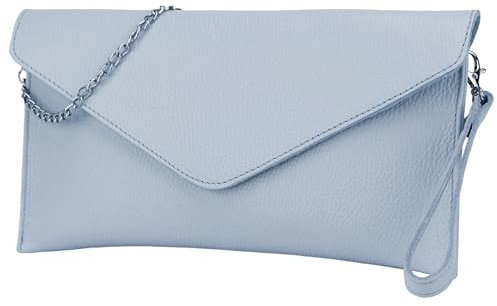 SH Leder Echtleder Clutch Umhängetasche kleine Tasche elegant Abendtasche in genarbt Rindleder mit Tragkette 31,5x16,5cm Saya G369 (Hellblau)