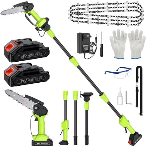 Motosierra Bateria con Pértiga, 6 Motosierra Bateria sin Cable & 1.8M Sierra de Podar Telescópica 2 en 1, Podadora Electrica de Altura con 4 Cadenas, Gafas, Guantes para Podar Arboles Patio de Jardín