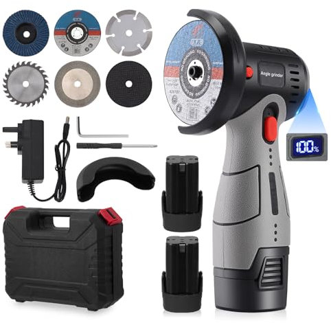 Mini Angle Grinder, 16.8V Cordless Angle Grinder Brushless Motor 19500RPM with 2Pcs 2000mAh Rechargeable Batteries and 6 Grinding Discs for Cutting Polishing Grinding Brick, Wood, Stone, Steel