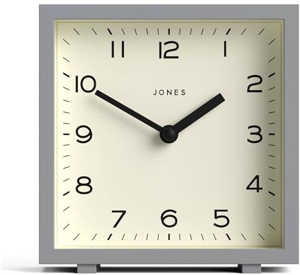 Jones Clocks® Disco orologio da tavolo | Elegante design quadrato | Grigio | Elegante e facile da leggere per scaffale, tavolo, mensola del camino o comodino