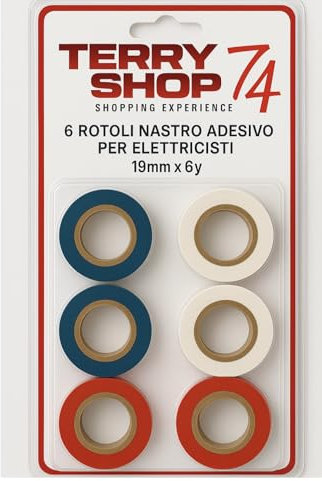 6 Rotoli di nastro isolante 3 colori blu bianco e rosso per elettricisti collegamenti elettrici 19 mm per 6m di lunghezza cadauno 6 pezzi