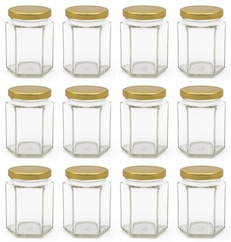 Bramley & Sage 190ml 8oz Hexagonal Jam Jars with Twist-Off Gold Lids (Set of 12)